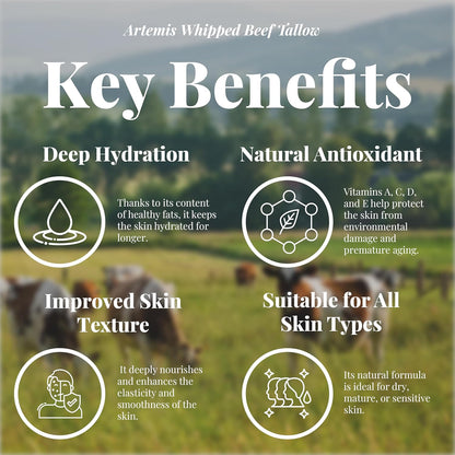 ARTEMIS Whipped Beef Tallow Natural Balm Face Cream, 6 oz (Pack of 1) | Moisturizer, Cream for Soft, Smooth Skin, Body Lotion, Skin Care, Lip Balm Organic, Tallow cream | Vitamins A, C, D, and E | Apple Scent