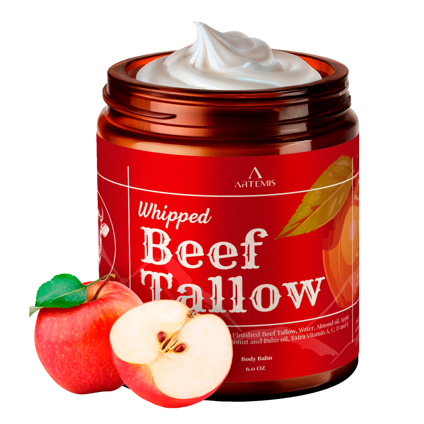 ARTEMIS Whipped Beef Tallow Natural Balm Face Cream, 6 oz (Pack of 1) | Moisturizer, Cream for Soft, Smooth Skin, Body Lotion, Skin Care, Lip Balm Organic, Tallow cream | Vitamins A, C, D, and E | Apple Scent